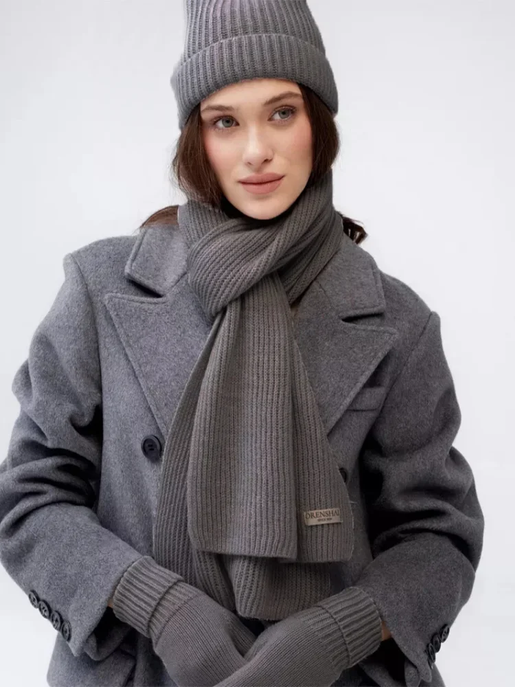 Conjunto coreano de tres piezas, bufandas, guantes para mujer, gorro de punto cálido para otoño e invierno, guantes para pantalla táctil, conjuntos de guantes de Color sólido para mujer