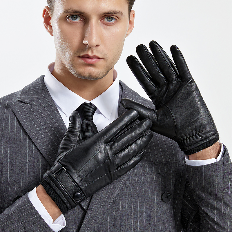 BISON DENIM Genuine Sheepskin Leather Men Gloves Autumn Winter Windproof Warm Flleece Touch Screen Full Finger Gloves for Men