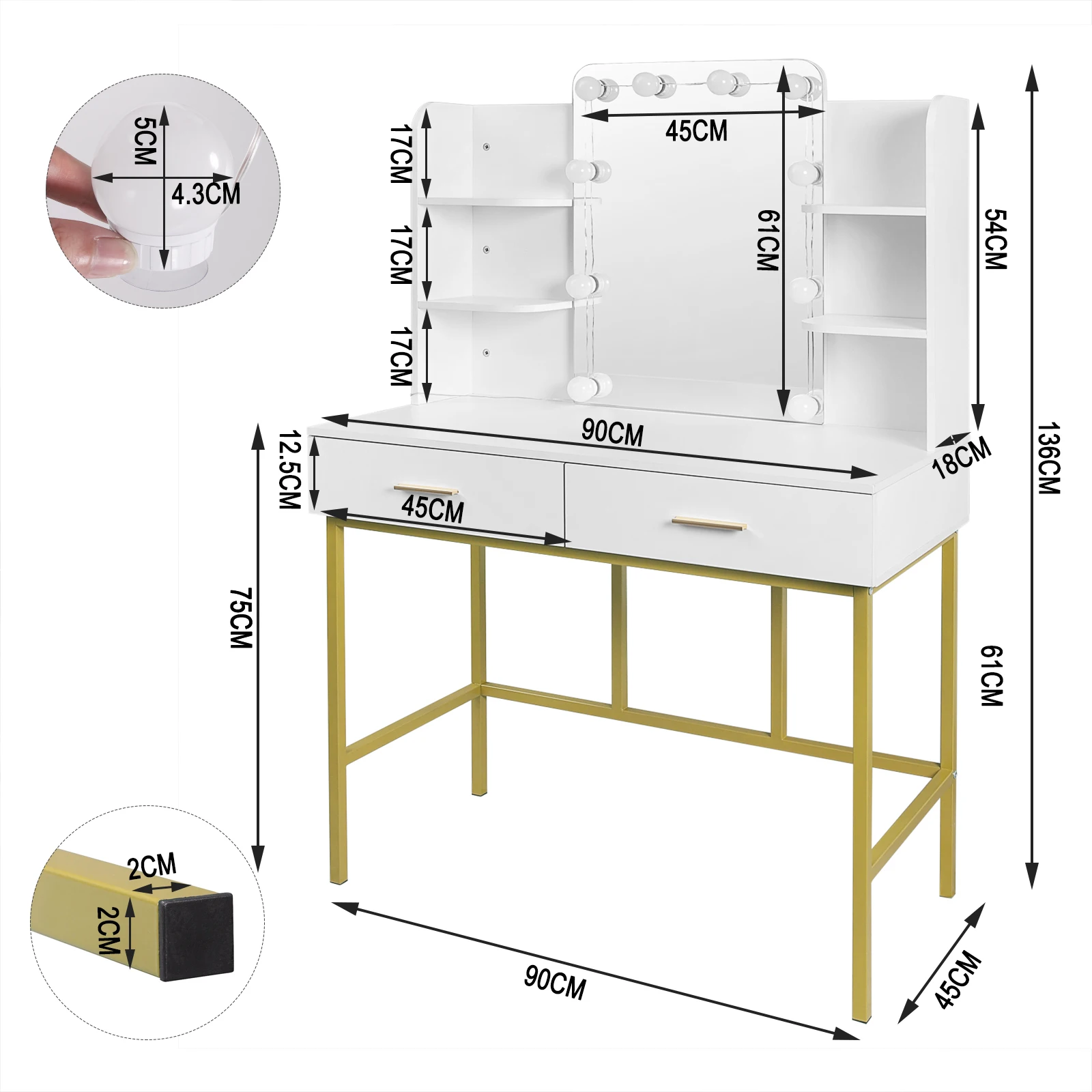 WOLTU Bureau de vanité en or blanc avec miroir Éclairage LED 2 tiroirs Commode moderne Coiffeuse Table de maquillage pour chambre à coucher Maison