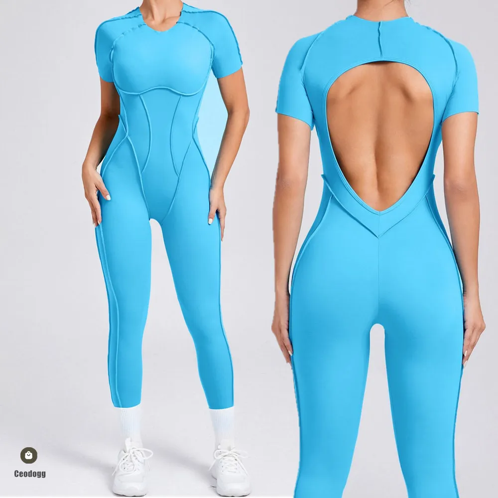 Pad Nude Short Sleeve Yoga Set Women One-Piece Jumpsuit Gym Push Up Workout Clothes Fitness Bodysuit Sportswear Jumpsuits XP77