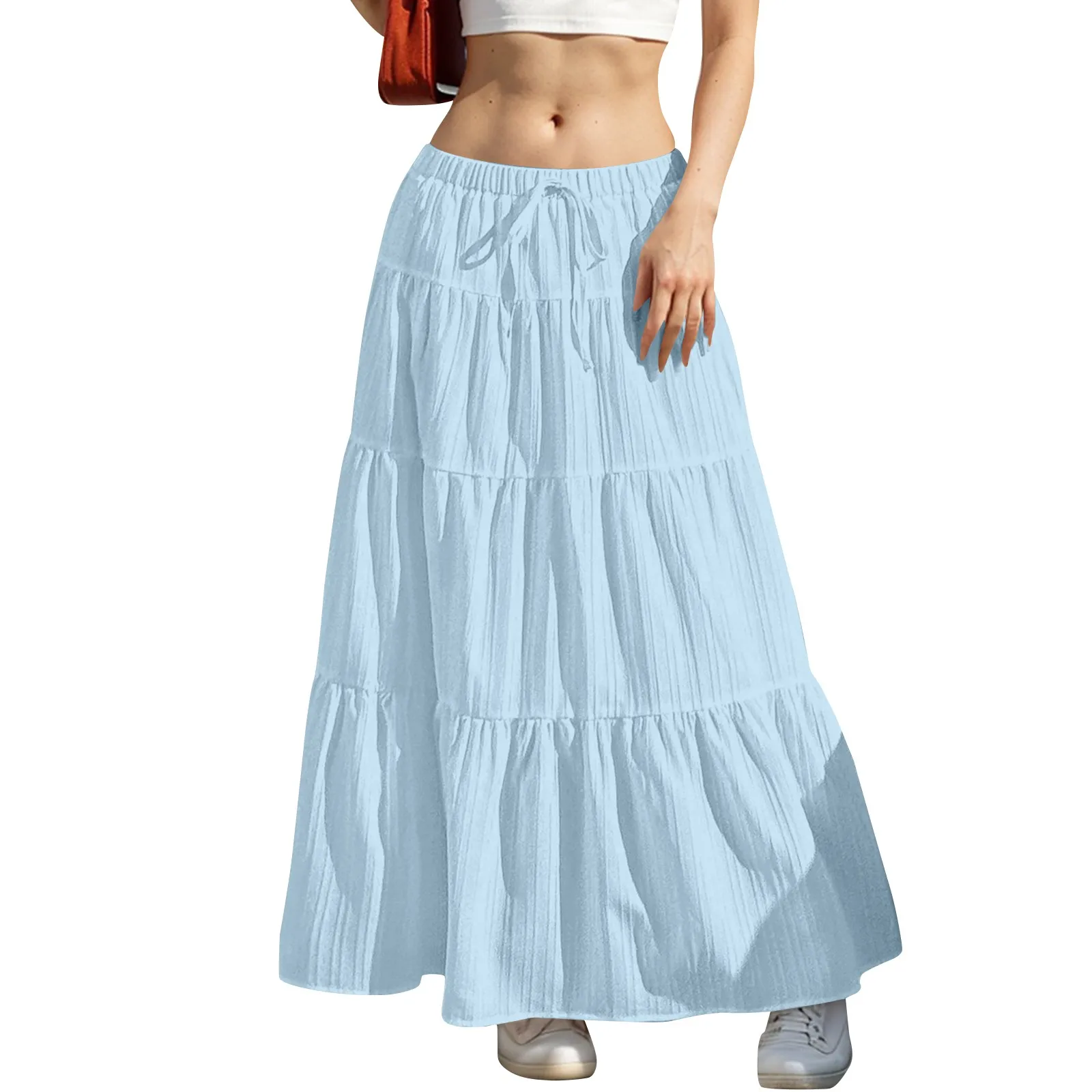 ผู้หญิง Flared Ruffle Hem Maxi กระโปรงแฟชั่นผู้หญิงกระโปรงยาว Elastic เอวกระโปรงยาวฤดูใบไม้ผลิฤดูร้อนชุดเค้ก