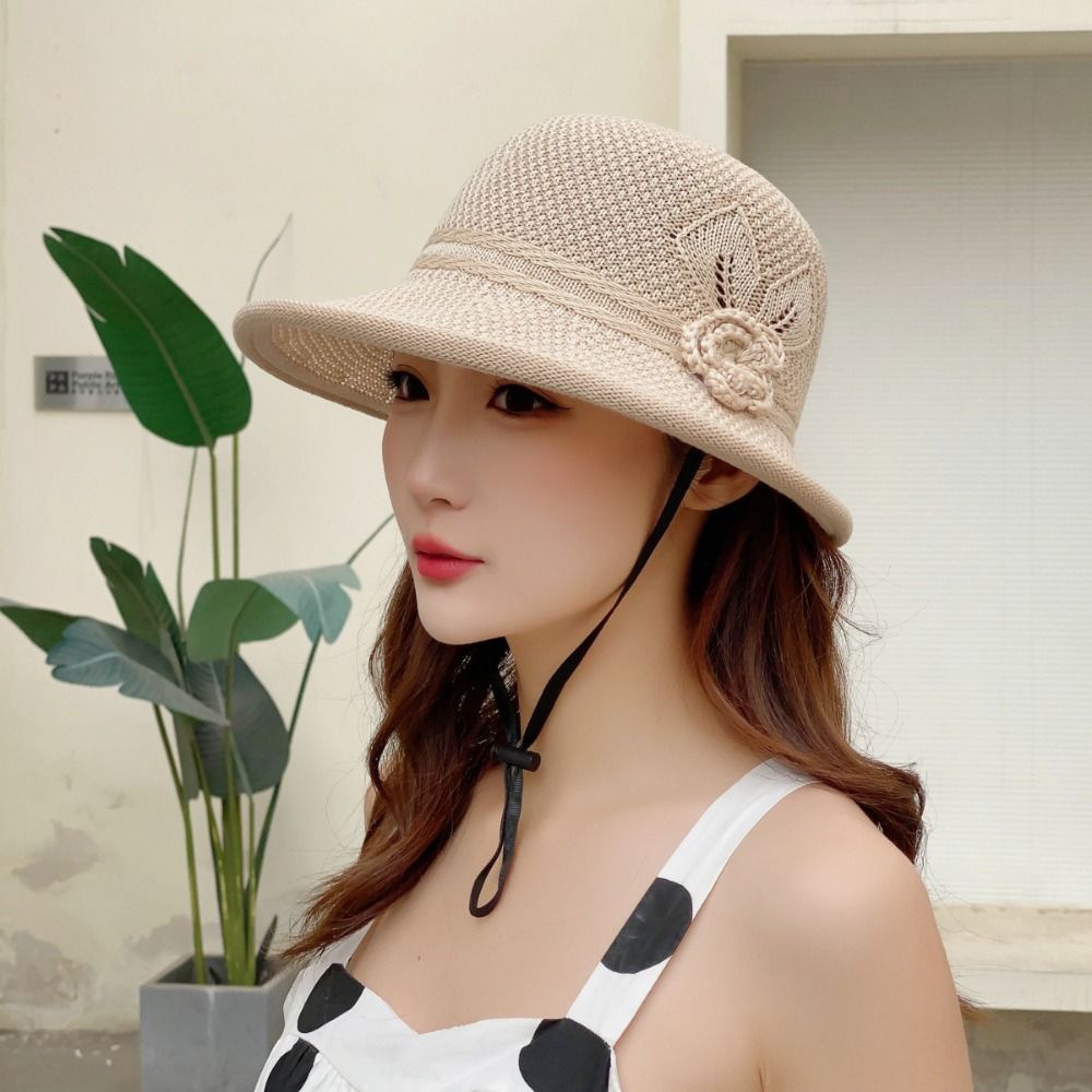 Sun Protection Flower Pearl Woven Hat Breathable Braided Flower Sun Hat Adjustable Foldable Knit Fisherman Cap Beach