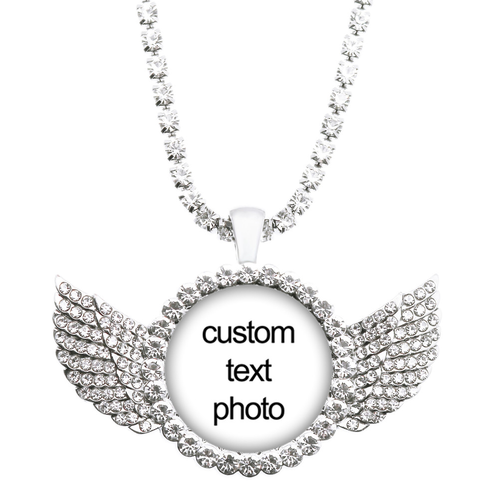 Custom Photo สร้อยคอคริสตัล Angel Wing ส่วนบุคคลแก้ว Cabochon จี้สร้อยคอเด็กพ่อครอบครัวครบรอบของขวัญ