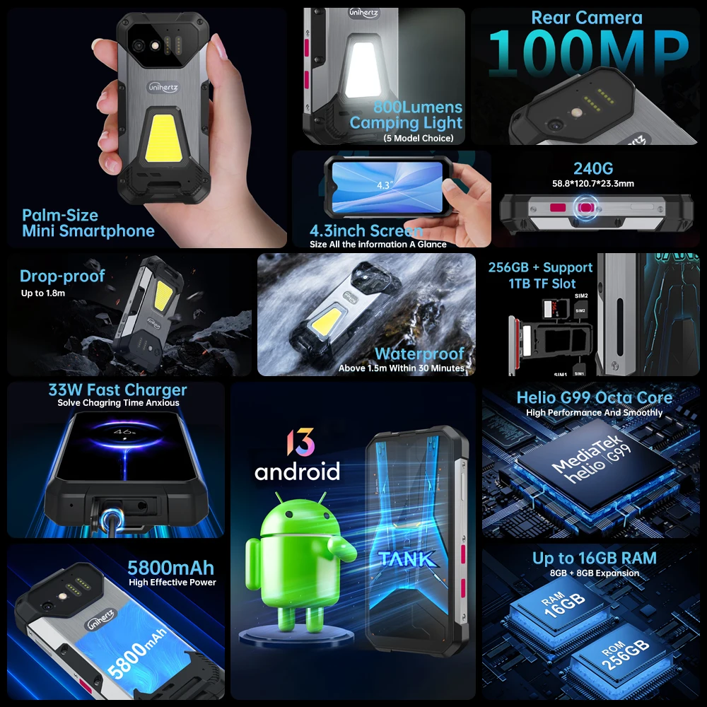 Unihertz 8849 Tank Mini Smartphone resistente Pantalla de 4,3 pulgadas Android 13 5800mAh 24GB 256GB Helio G99 Octa Core 100MP Cámaras IP68