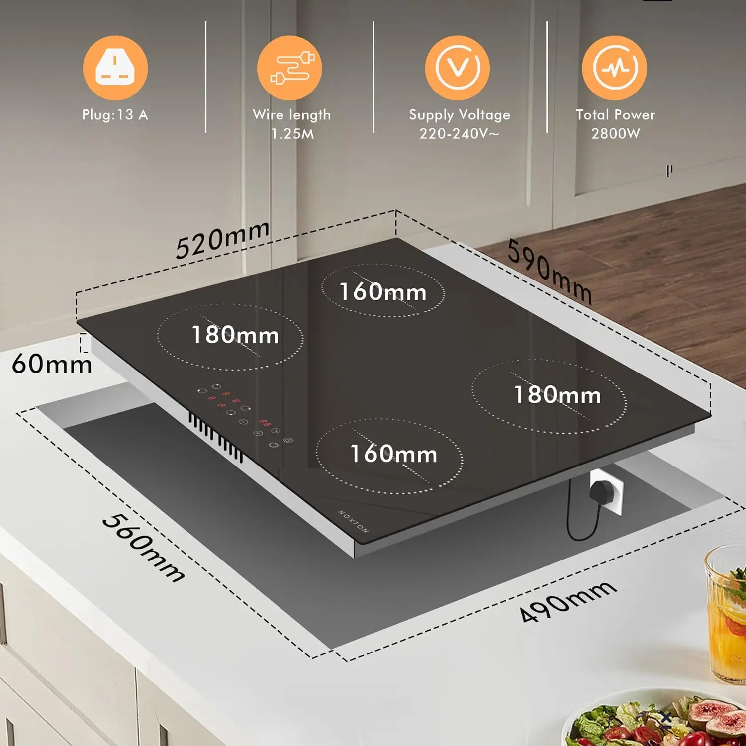 NOXTON Plug-in-Induktionskochfeld, 4 Zonen, elektrisch, 60 cm, integriert, Touch, Sicherheitsschloss, 99 Min. Timer, Schwarz, (UK: 2800 W/EU:3500 W)