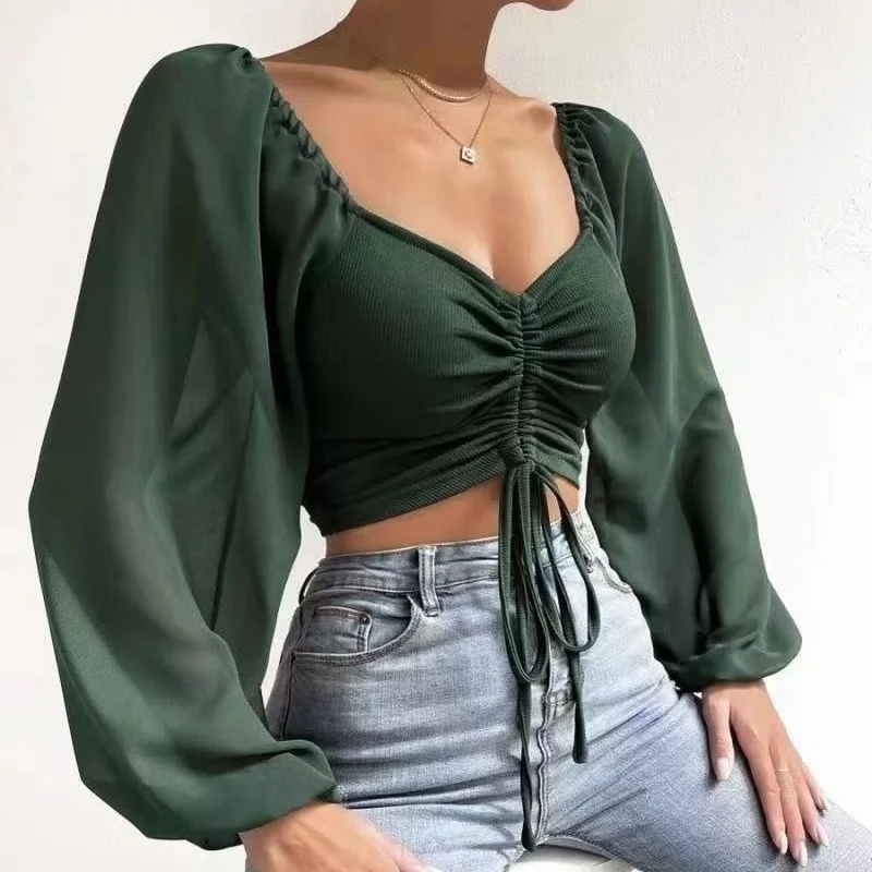 Frauen Frühling Herbst Lange Puff Sleeve Tops Tees Lose Chiffon Stricken Tiefem V-ausschnitt T-shirts Fashion Solid Casual Raffen T shirts