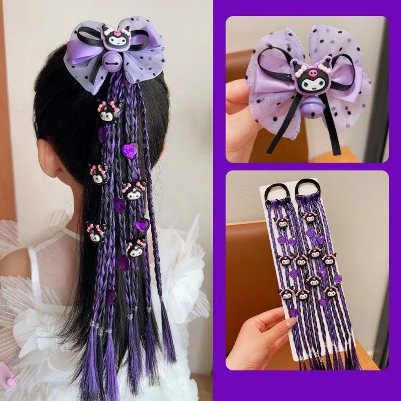Sanrio Cartoon Kuromi Anime Children Baby Wig Braid Hairband Girl High Ponytail Headwear Hair Accessories Cute New Kawaii