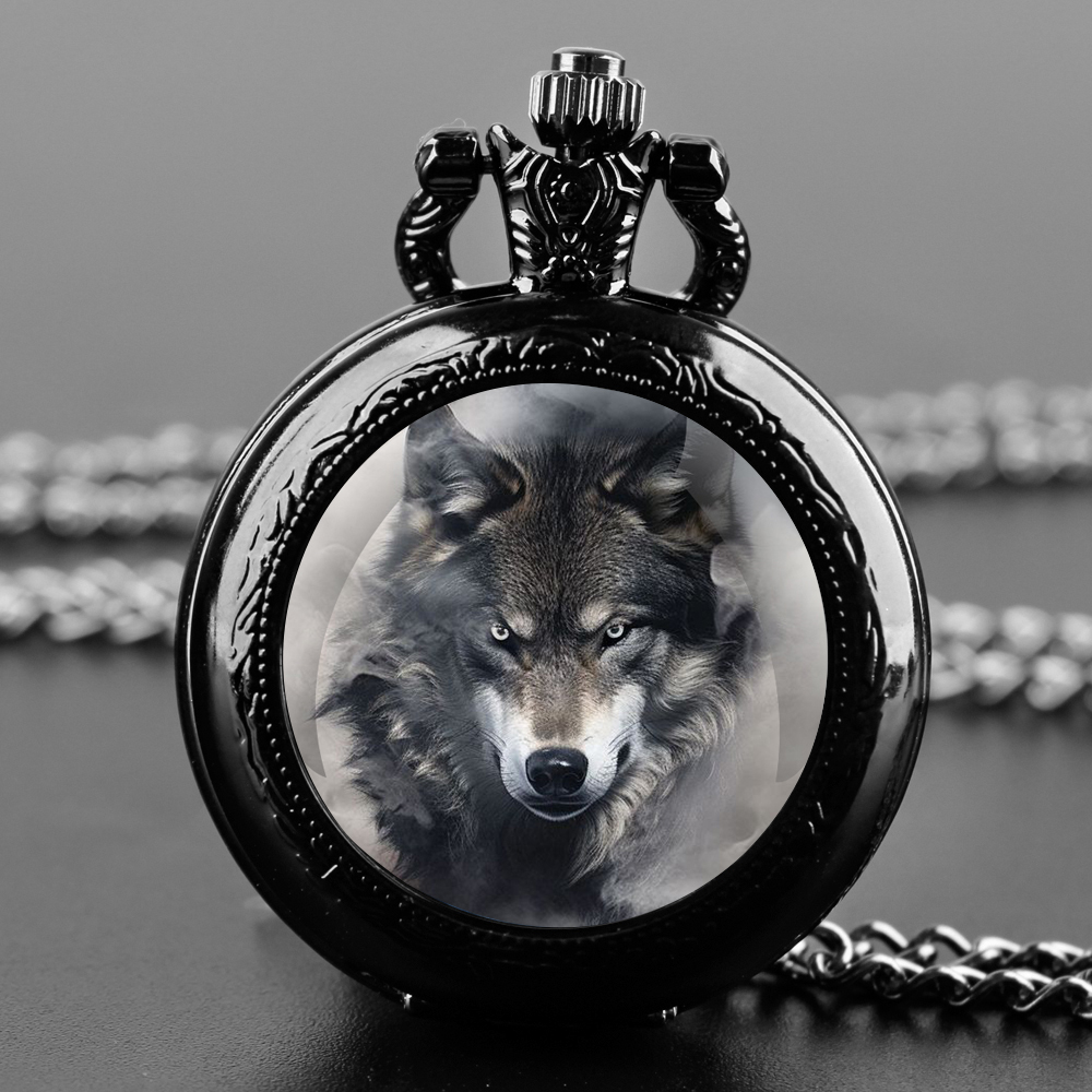 Relógio de bolso de quartzo com cúpula de vidro com design de lobo cinza com corrente durável mostrador de numerais arábicos para homens e mulheres presentes criativos