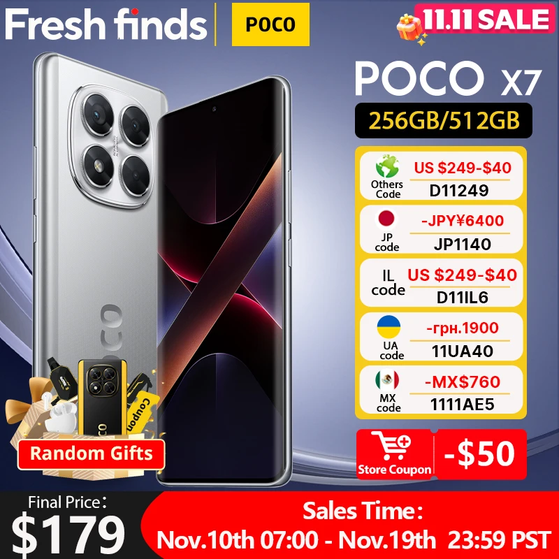 Смартфон POCO X7 5G, глобальная версия, 256 ГБ, 512 ГБ, размер 7300-Ultra, 6,67 дюйма, 1,5 К, изогнутый AMOLED-дисплей, 5110 мАч, NFC, 45 Вт, зарядка