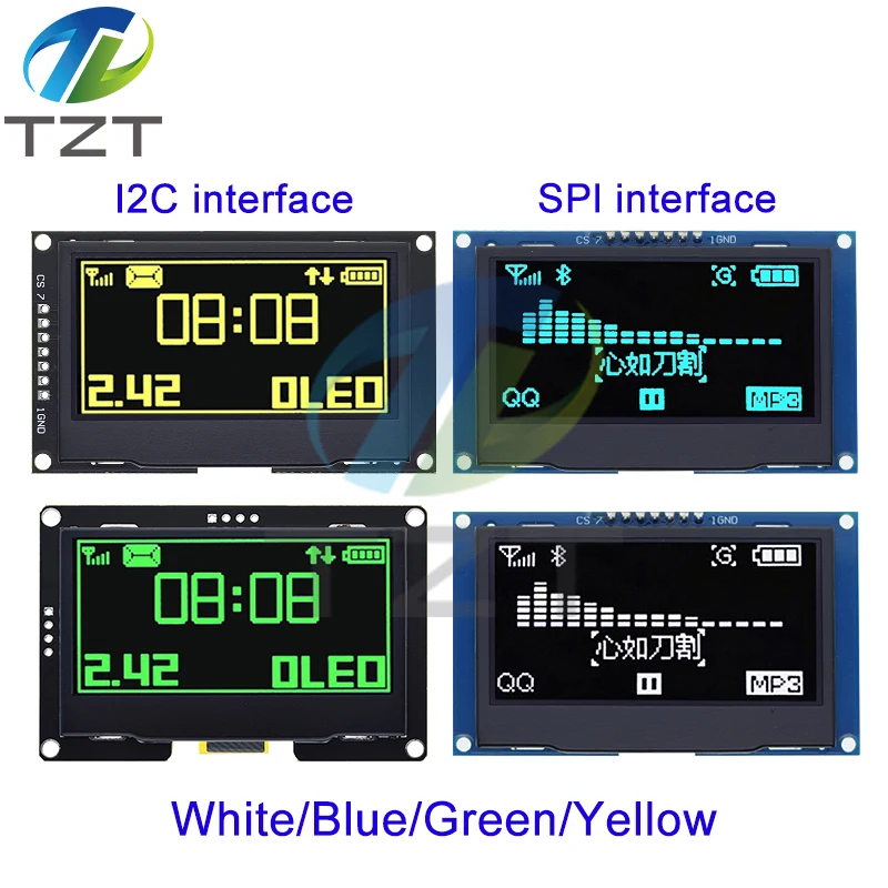 TZT 2,4 "2,42 pulgadas 128x64 módulo de pantalla LCD OLED SSD1309 12864 interfaz serie SPI/IIC I2C de 7 pines para Arduino UNO R3 C51