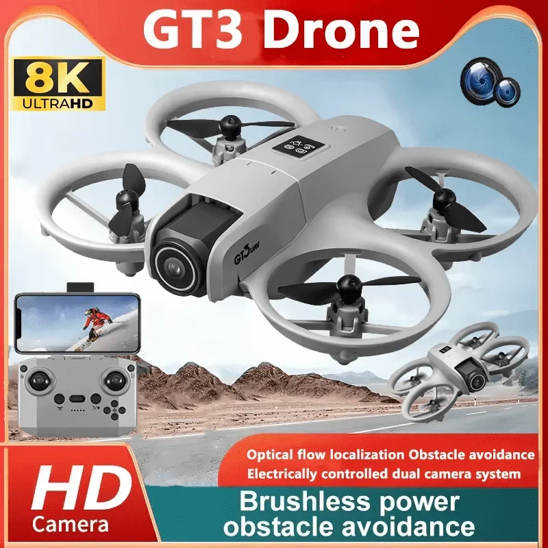 Gt3 mini com led dobrável drone gps 8k hd câmera dupla motor sem escova intelligen evitar obstáculos quadcopter dron rc brinquedo presente