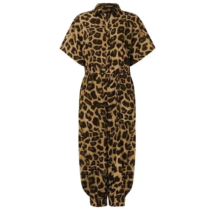 Zomermode V-hals Knop Lace-Up Jumpsuit Korte mouw Losse playsuit Overalls Dames Elegante luipaardprint Zakrompertjes