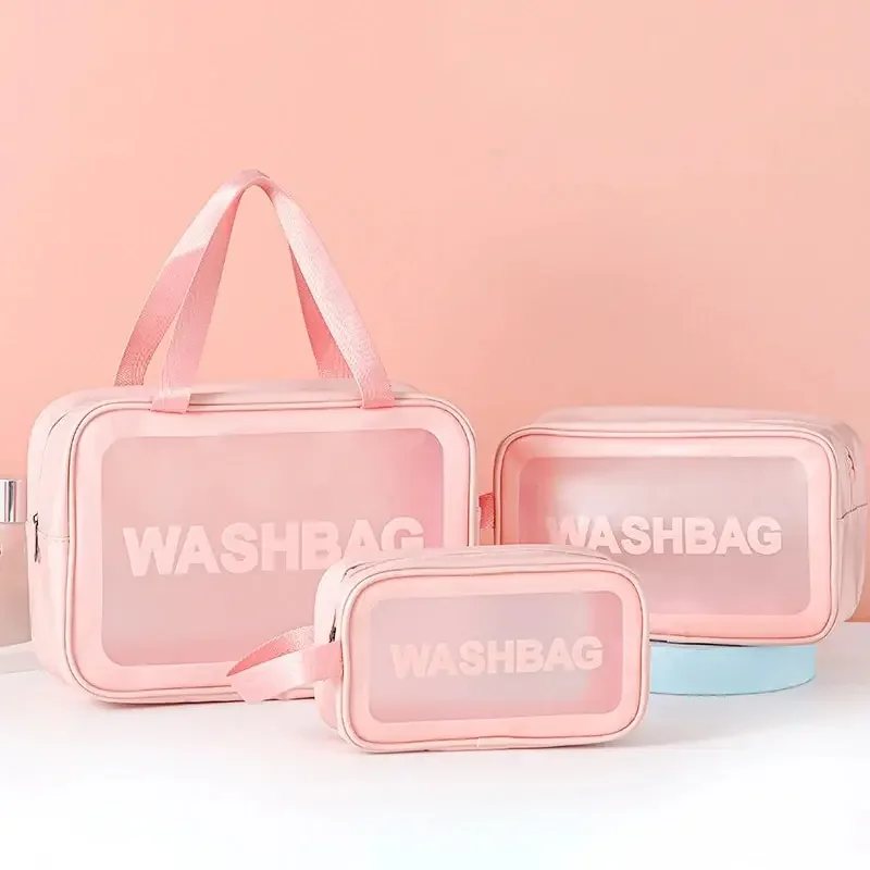Borsa per trucco e articoli da toeletta trasparente in tre stili da 1 pezzo, borsa di stoccaggio portatile smerigliata semitrasparente in PVC di grande capacità