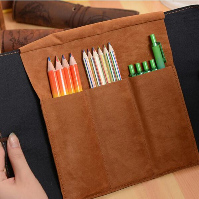 Schatkaart Leer PU Retro Jongen Meisje Potlood Tas Cosmetische Tas Roll Pen Tas Voor Student Geschenken Briefpapier Borstel Make-up Benodigdheden