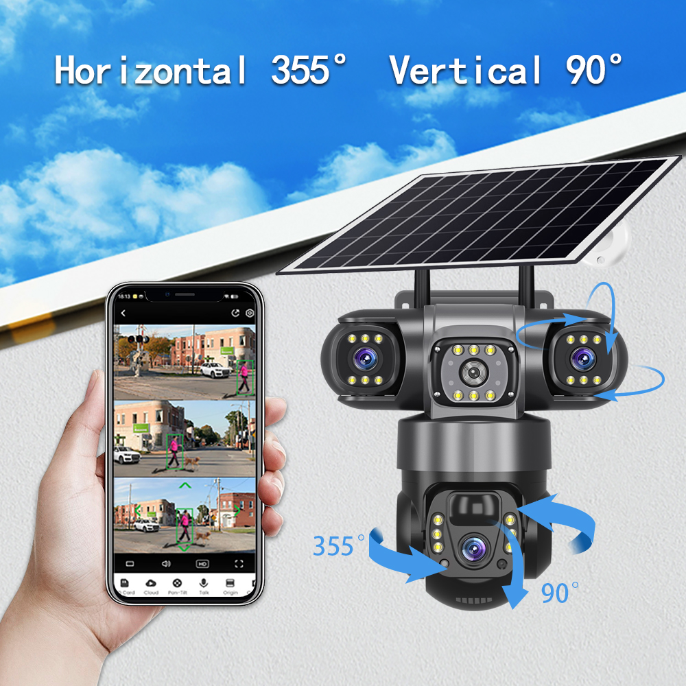 WIFI 15MP Solar Camera Camera 3 Lens 3 Screen 10X Zoom Body Detection Waterproof Night Vision CCTV Security Protection V380 pro