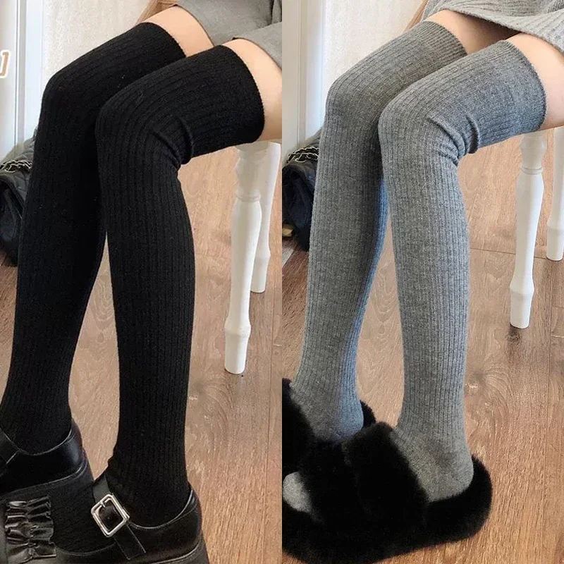 Calcetines largos de lana suave para mujer, medias de punto liso de Cachemira para otoño e invierno, calcetines gruesos cálidos y esponjosos hasta la rodilla informales ajustados para niñas