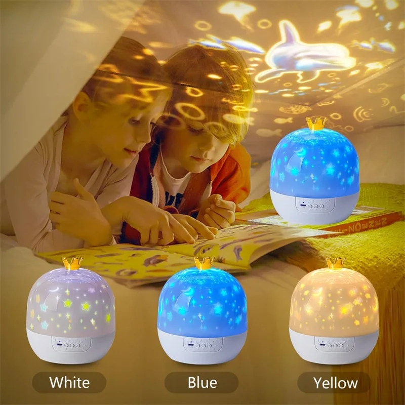 Coroa estrela luz projeção rotativa estrela quarto teto atmosfera noite lâmpada estrelas presente de aniversário das crianças com folhas de filmes