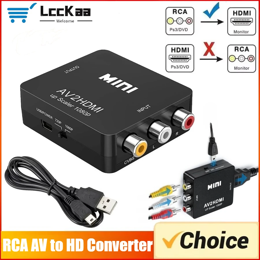 Konwerter RCA AV na HDMI, kompatybilny z AV/CVSB L/R, przetwornik wideo HD 1080P 1920*1080, obsługa NTSC PAL, wyjście AV na HDMI.