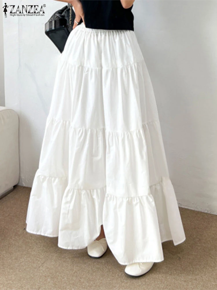 ZANZEA Donne Coreano Moda A File Maxi Gonna Elastico In Vita Casual di Colore Solido A-line Faldas Mujer Vacanza Streetwear Lunghi Jupes
