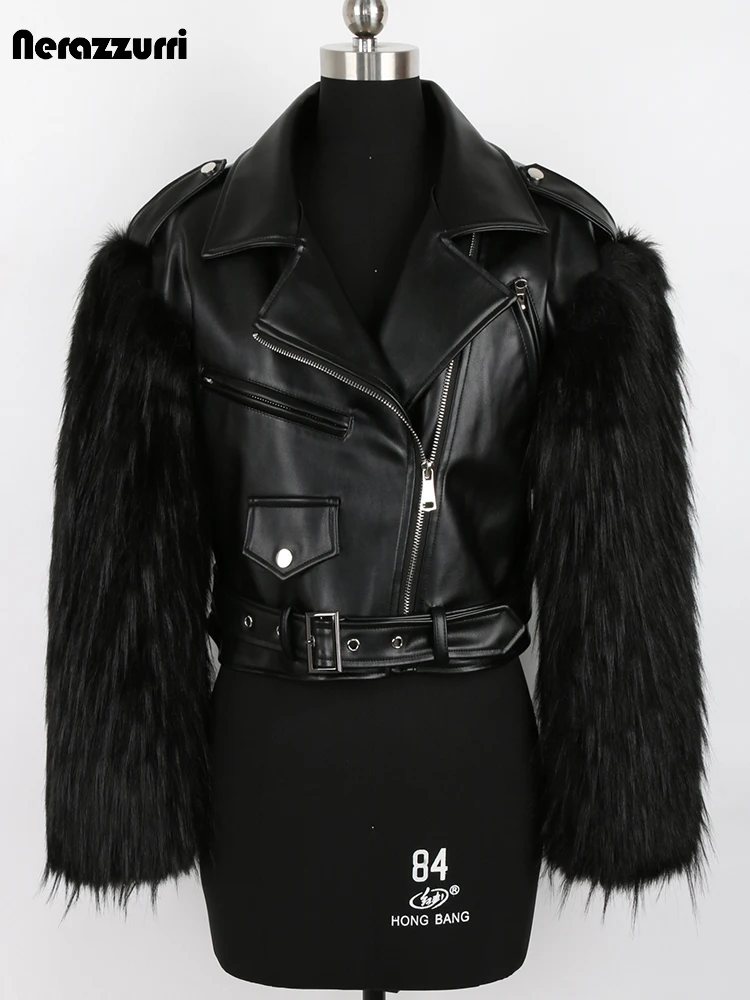 Nerazzurri Winter Dicke Warme Kühle Kurze Weiß Leder Biker Jacke mit Faux Pelz Innen und Langarm Runway Designer Mode