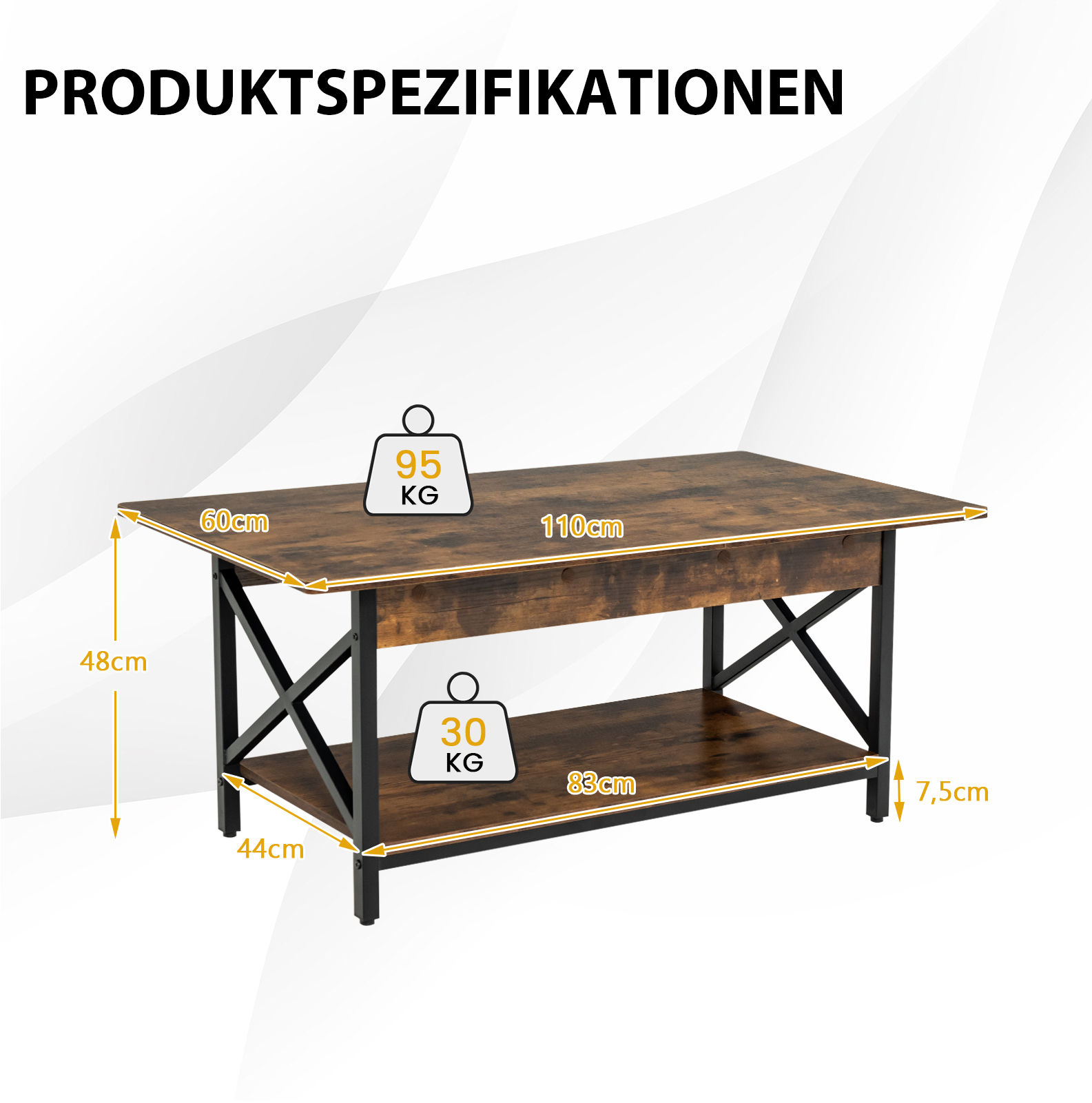 Couchtisch, Kaffeetisch mit Ablage, Wohnzimmertisch, Sofatisch für Wohnzimmer, 110 x 60 x 48 cm Rustikales Braun