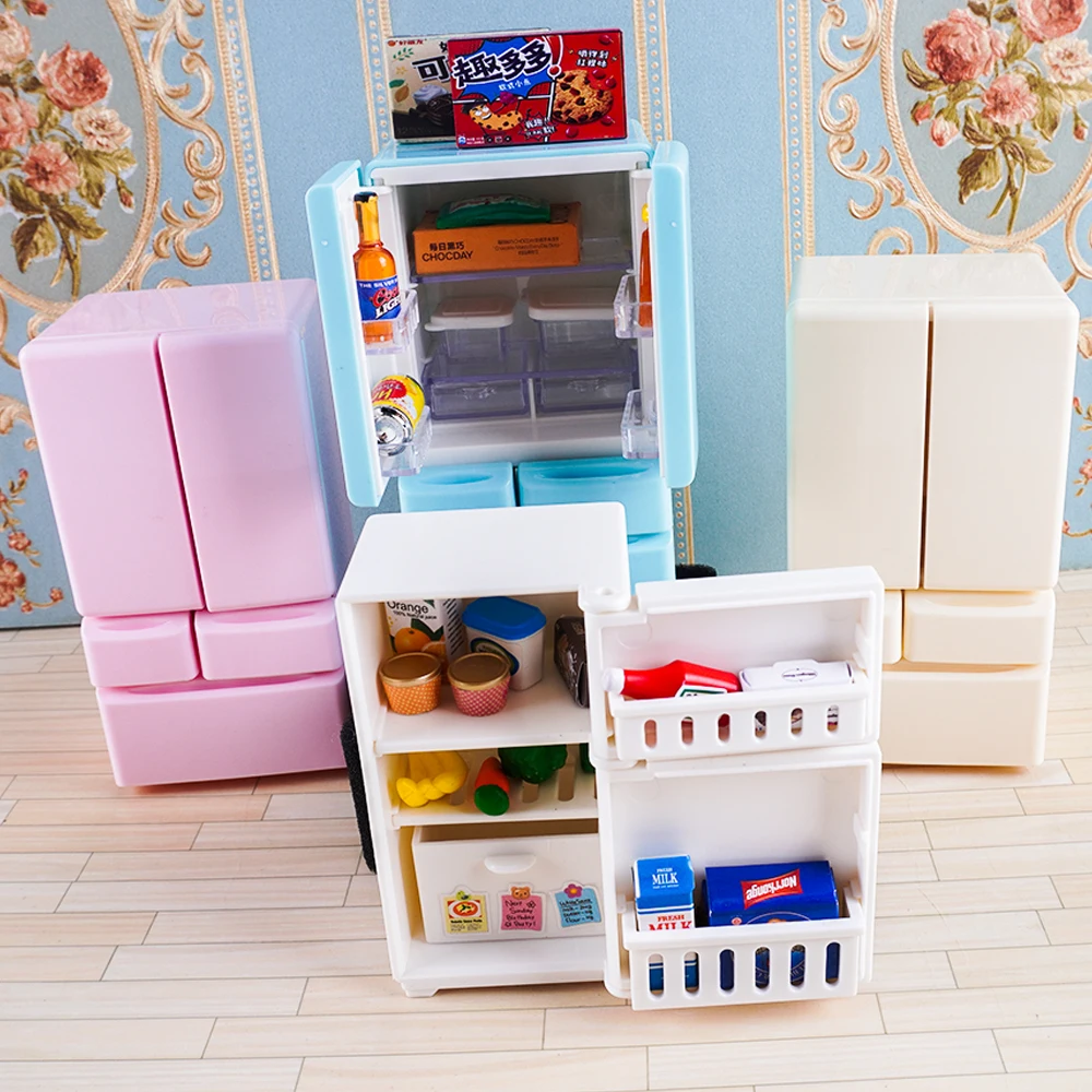 Miniature Double-Door Fridge 1:12 Dollhouse Furniture Cooking Bench Refrigerator Freezer Toy Kitchen Home Decoration Accessories