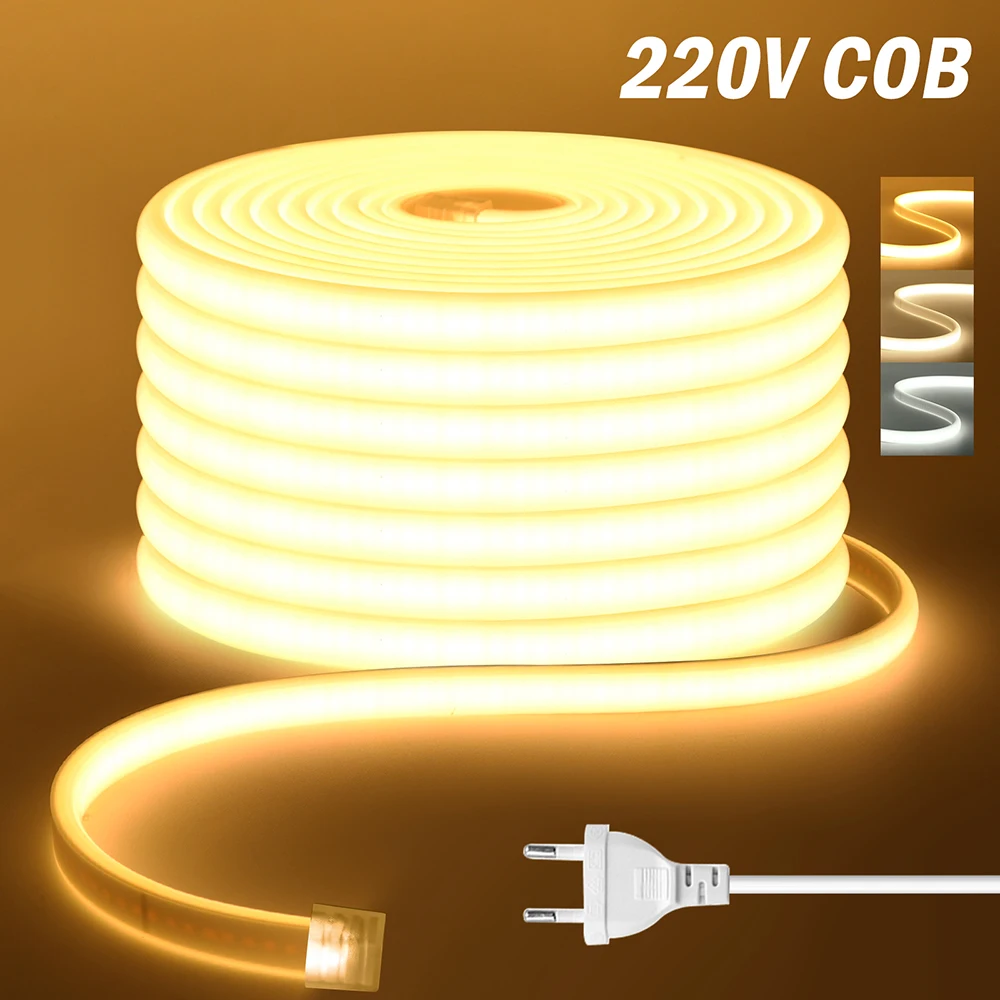 220V Ściemnialna taśma neonowa COB LED Ściemniacz Wtyczka Zestaw Wodoodporna 288 LED Flex Tube Lampa Wysoka Jasność Ciepła/Naturalna Biała