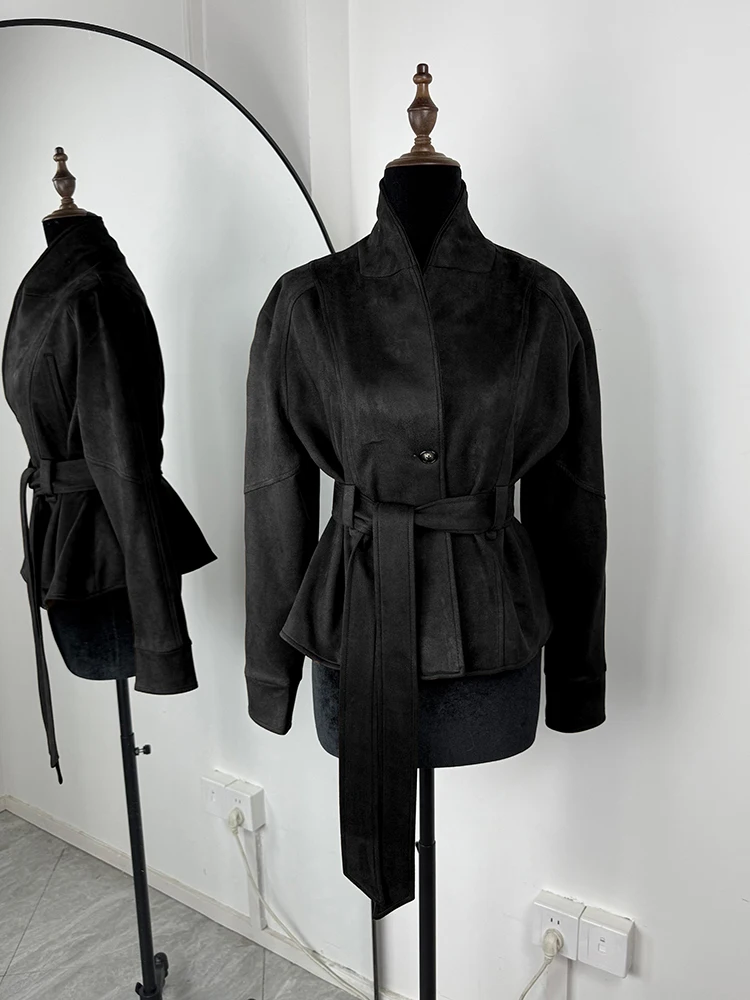 Tornova Retro Suede Long-sleeved Jacket Coat Female V neck Lace Up Jacket 2025 Autumn Winter New Commute Office Lady Outerwear
