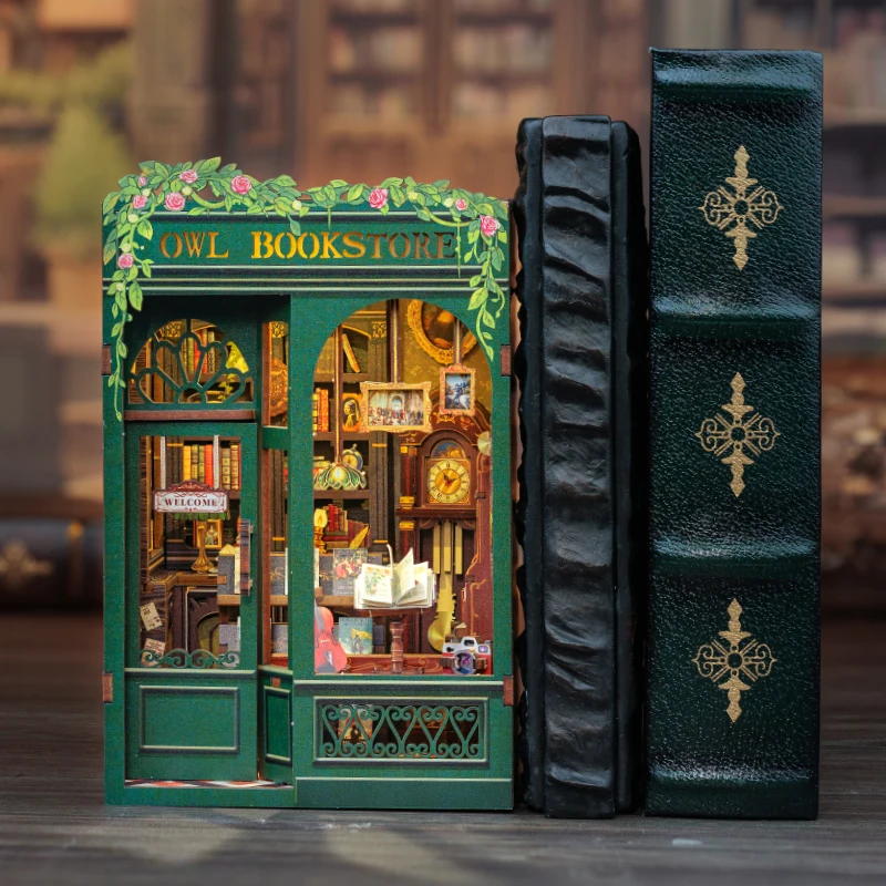 Cutebee 3D Wooden Puzzle Miniature Model Kits Owl Bookstore Mini DIY Doll House Home Decor for Family Unique Birthday Gifts