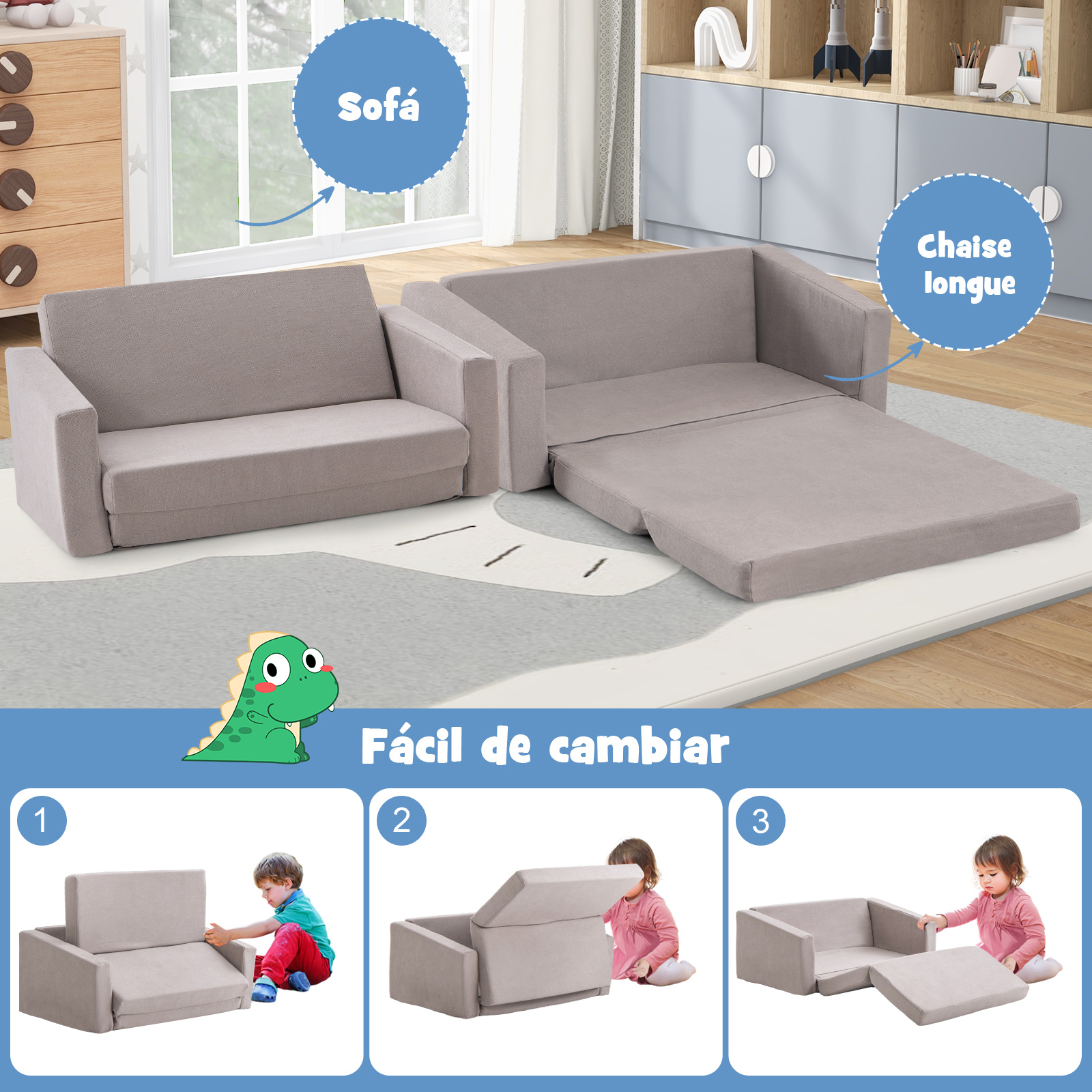 Sillones Infantiles Convertible 2 en 1, Sofá Cama Plegable para Niños, Sofá Convertible en Cama con Funda Suave y Lavable, Muebles para Niños para Habitación de Niños, Dormitorio, Gris Claro