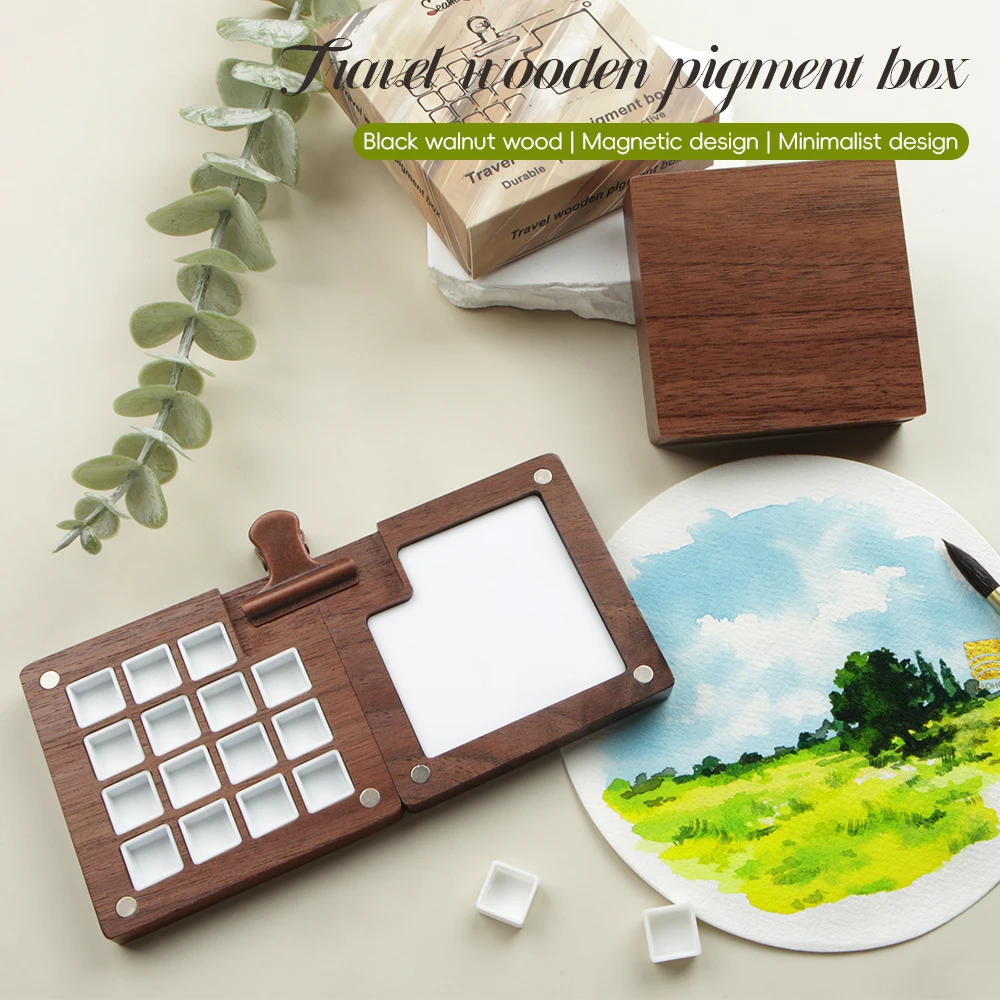 SeamiArt-paleta de caja de pintura de pigmentos de madera para viaje, 15 rejillas, con 15 Uds. De sartenes para acuarela, pintura acrílica al óleo, suministros de arte