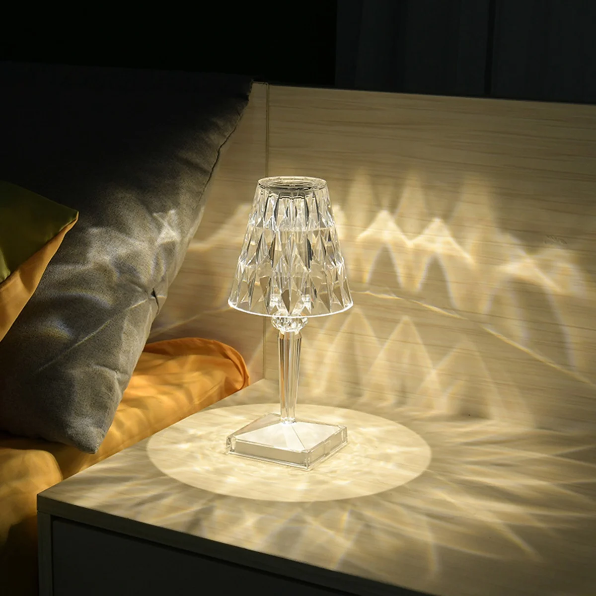 3Colors Diamond Table Lamp Crystal LED Bar Table Lamp Rechargeable Touch Sensor Dimming Bedside Lamps for Bedroom Decor