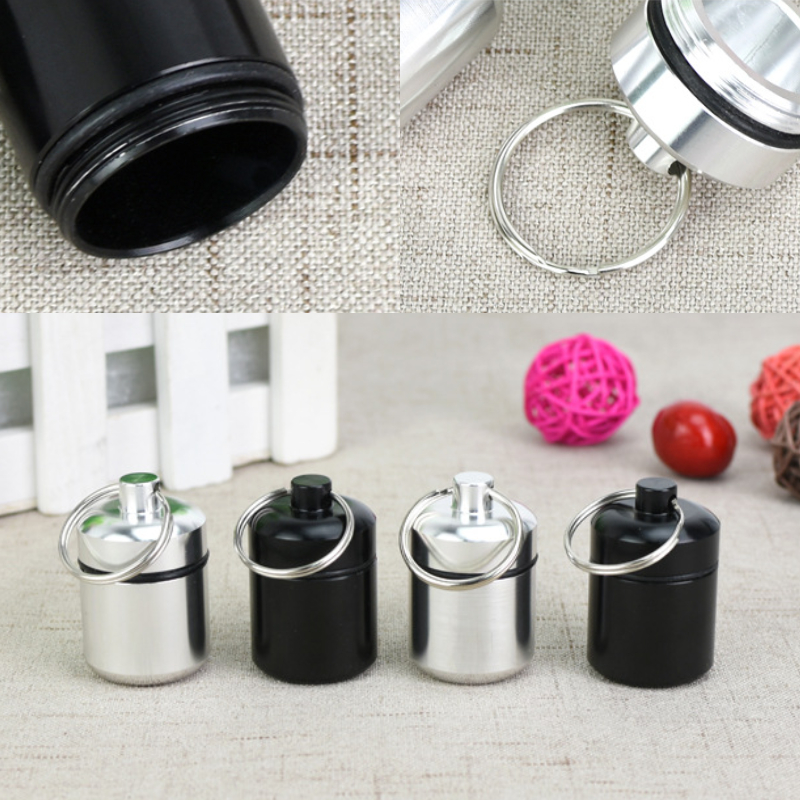 Caixa de comprimidos à prova d'água de alumínio com armazenamento selado, cabeça plana e chaveiro para vitaminas, medicamentos e óleos de peixe