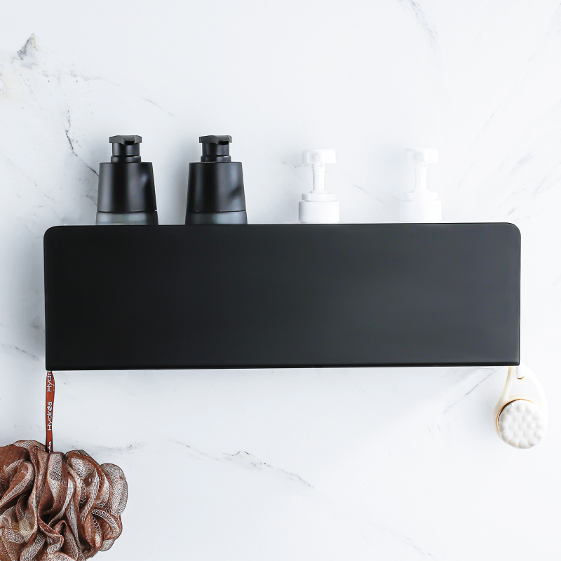 Estante organizador de baño negro con ganchos, estantes de decoración de cocina de aluminio en pared, estante de almacenamiento para ducha, montaje en pared