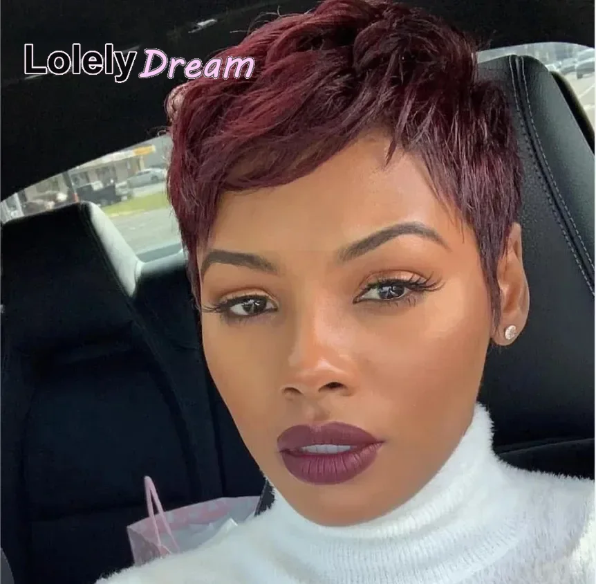 Lolely sonho em linha reta remy perucas de cabelo humano para as mulheres completa máquina feita borgonha 99j cor curto bob pixie corte peruca com franja