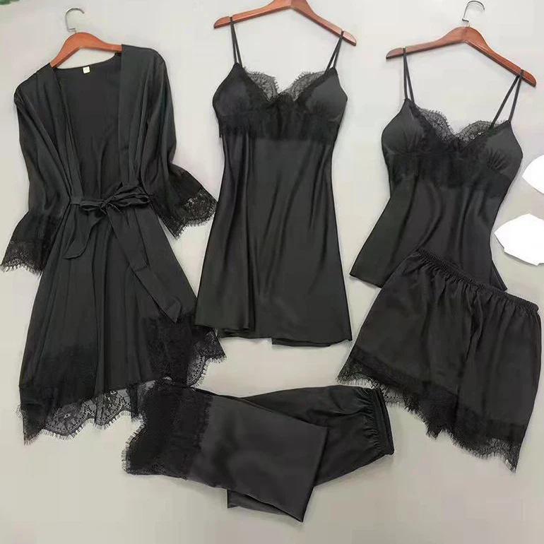 Conjunto de pijama blanco de 5 uds para dormir, pijama de satén de encaje para mujer, Kimono, bata de baño, ropa de dormir holgada, ropa de dormir informal con cuello en V para el hogar
