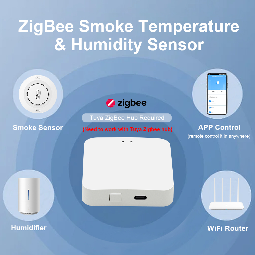 Tuya Zigbee BT Two Connection Smoke Detector Temperature Humidity Measurement Device 80dB Sound Alarm Remote Push Alert Function