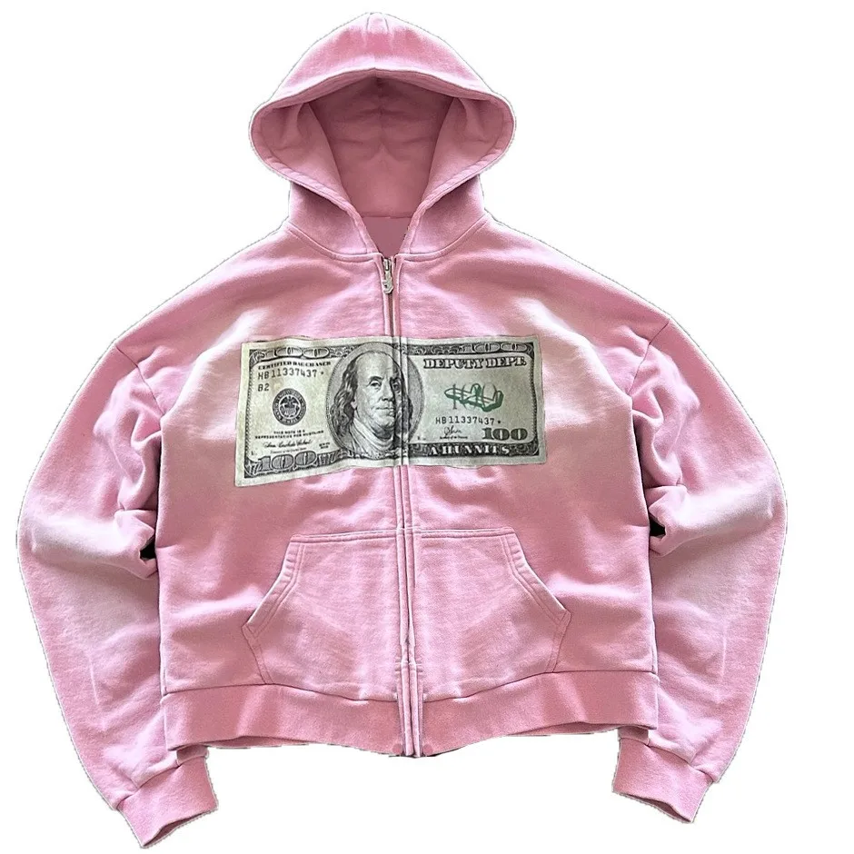 Męska bluza z kapturem na zamek błyskawiczny z nadrukiem, długie rękawy, retro kurtka streetwearowa, transgraniczna europejsko-amerykańska sprzedaż e-commerce.