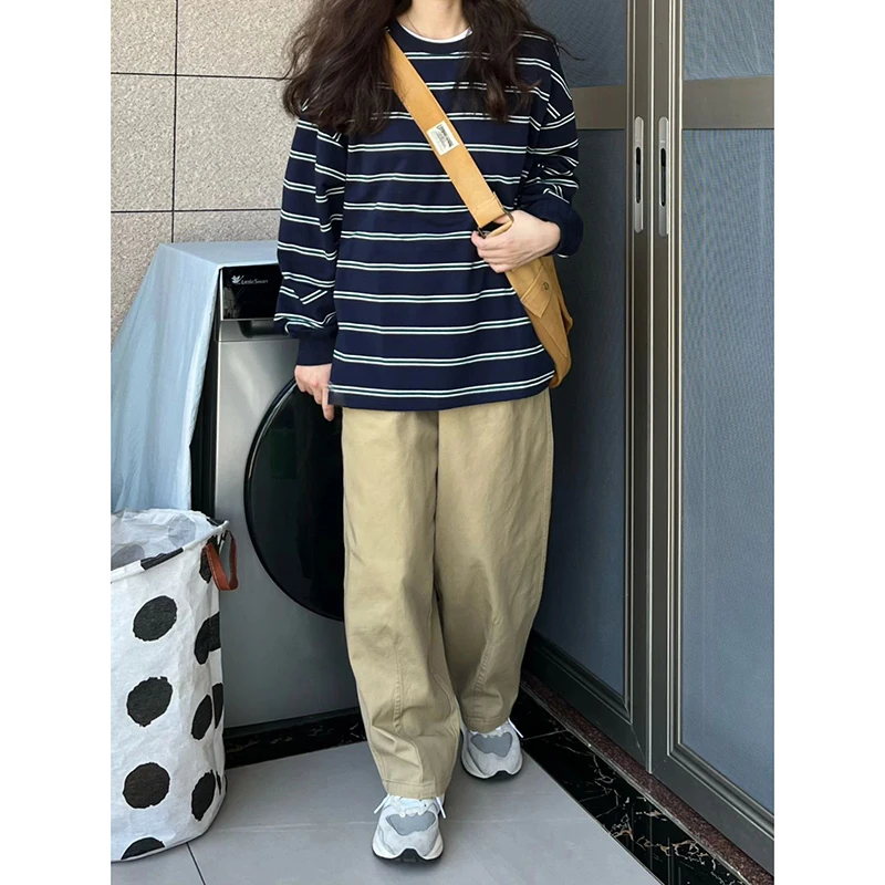 シックな韓国スタイルのストライプ長袖ルーズ女性のベースシャツトレンディなインナーウェア秋冬コットン Tシャツラウンドネック