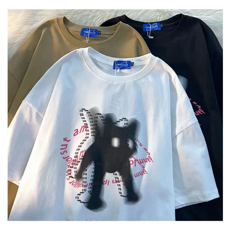 แมวน่ารักพิมพ์ออกแบบO-คอสั้นเสื้อยืดผู้หญิงInsแนวโน้มแฟชั่นคู่อเนกประสงค์หลวมY2kผู้หญิงเสื้อยืด