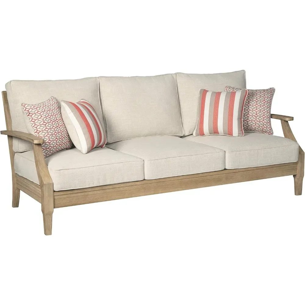 Outdoor Sofa,Clare View Coastal Outdoor Patio Eucalyptus Sofa with Cushions, Beige35"D X 81"W X 37"H,Outdoor Sofa