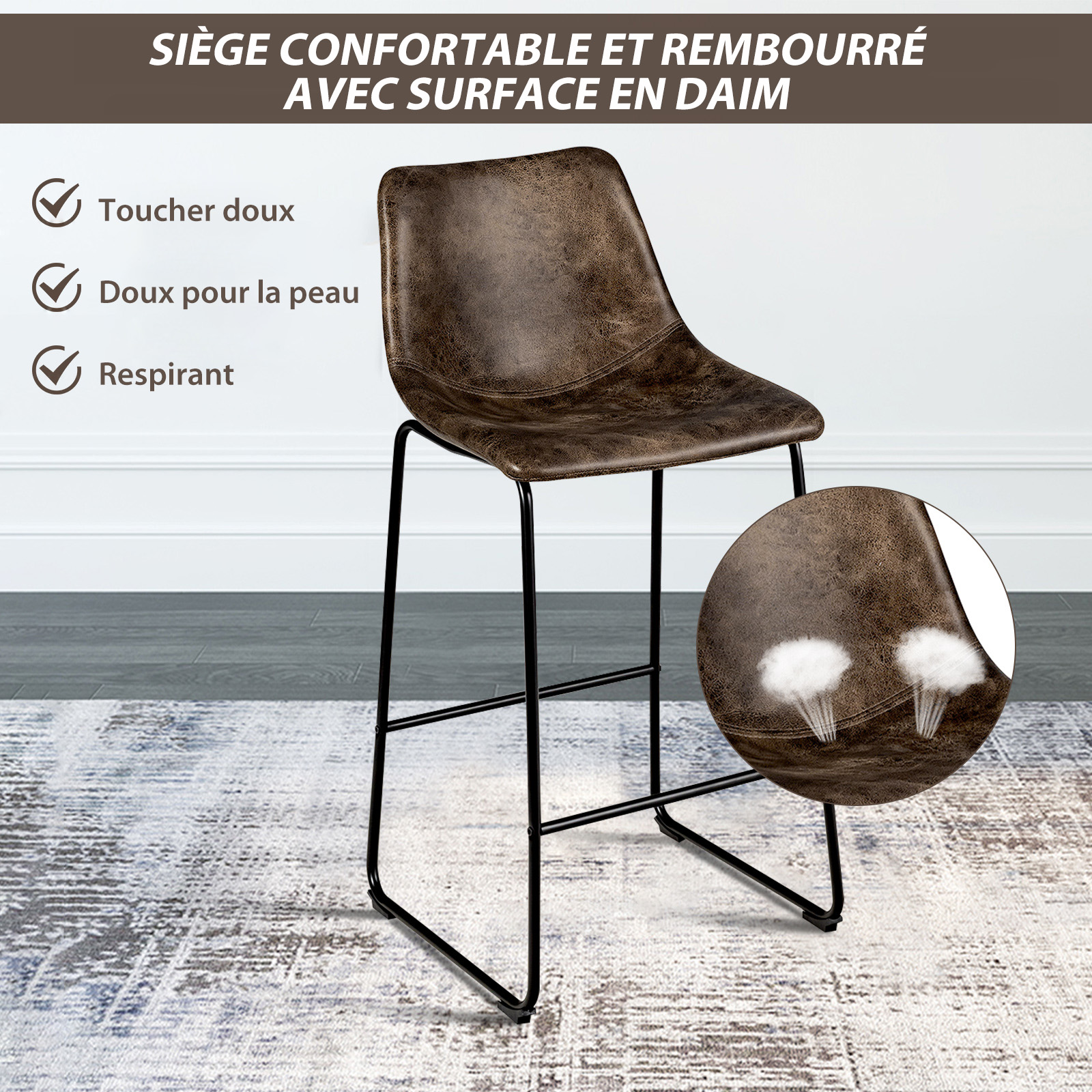 Tabourets de Bar Lot de 2, Chaise de Bar Industrielle avec Repose-Pieds, Chaise Haute Bar Vintage en en Faux Suède, Hauteur Assise 75cm, Marron Rustique