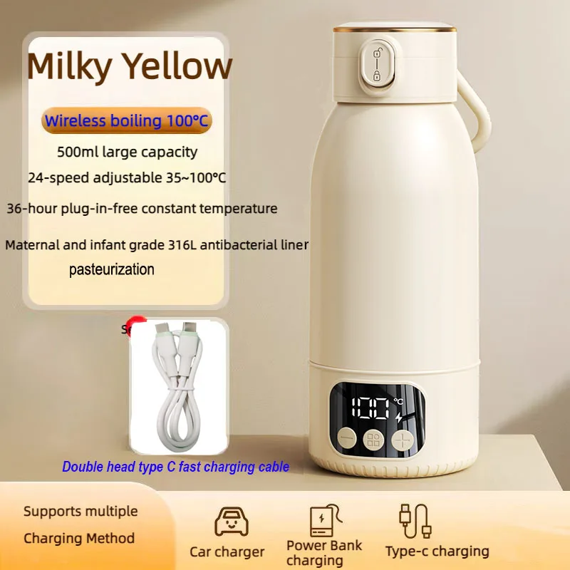 17400mAH 500ML Boiling to 35℃  to 100℃ Wireless Portable Electric Kettle Type C Chargeable Heating Insulation Kettle Milk Bottle
