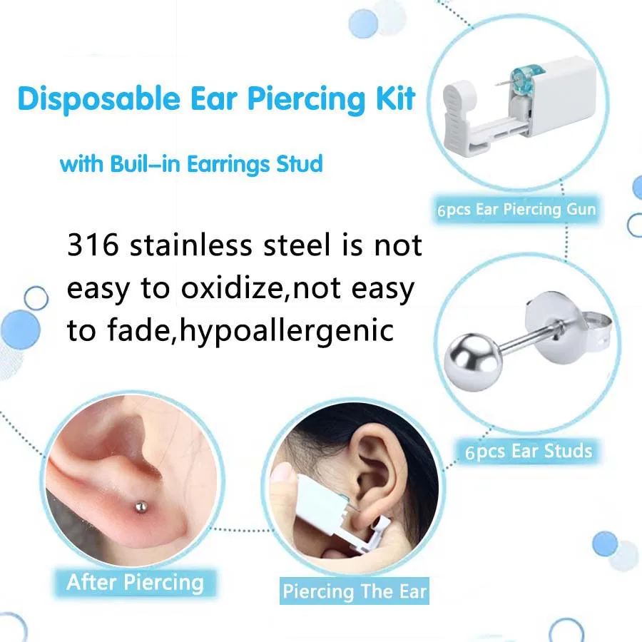 Kit per piercing all'orecchio da 6 pezzi, pistola per piercing all'orecchio usa e getta con orecchini a bottone integrati in acciaio inossidabile ﻿