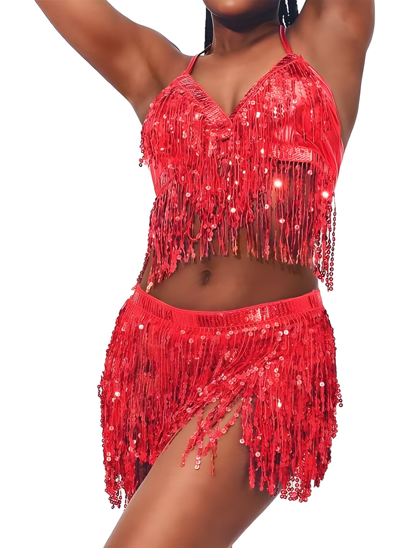 Buikdans Top Beha Riem Set Latin Pailletten Fringe Halter Hippe Rok Sexy Feestkostuum 4-laags Kwastje Stage Performance Doek Slijtage