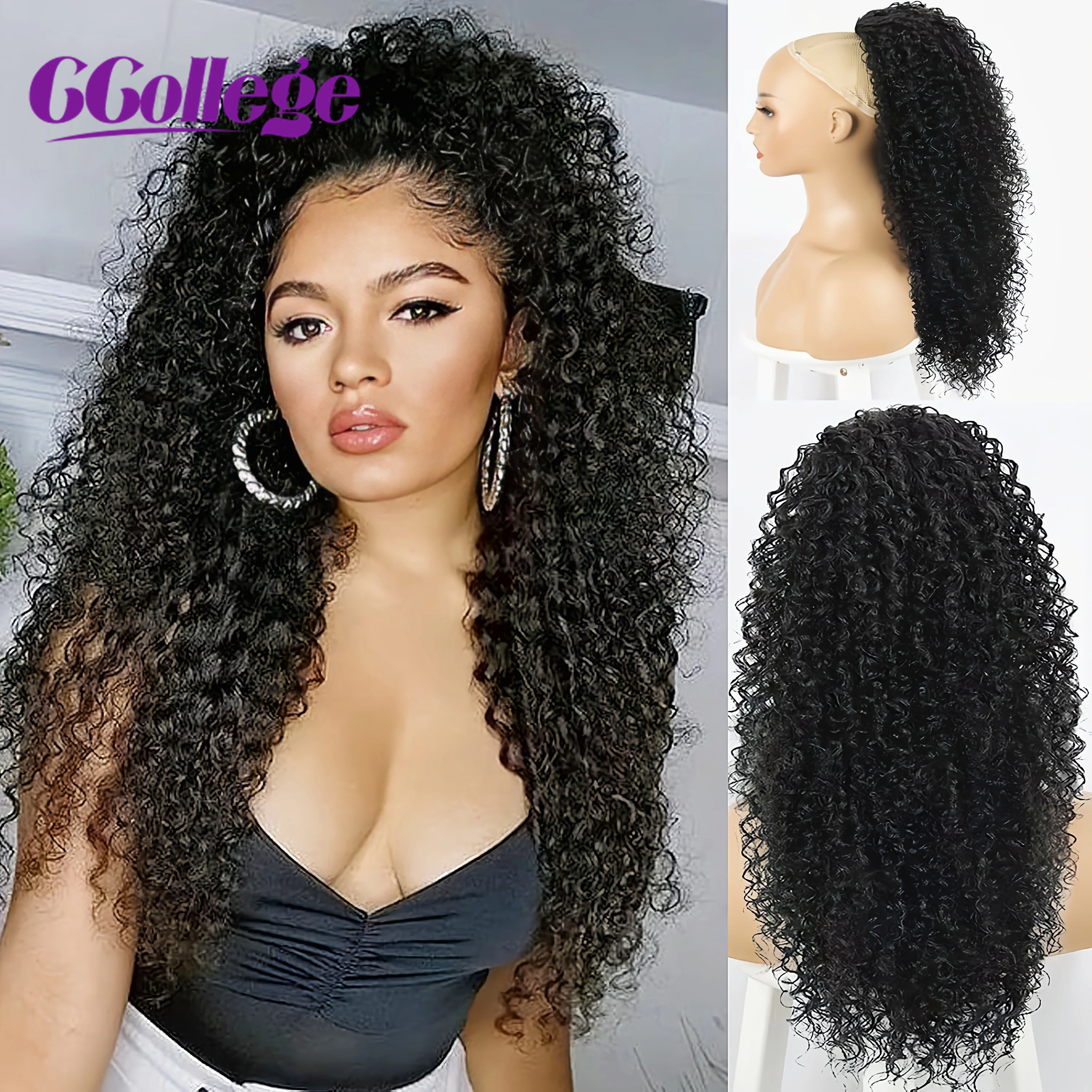 CCollege-extensões encaracolados do cabelo humano do rabo de cavalo do cordão para mulheres africanas, cabelo perverso do Afro remenda, 8-30 polegadas