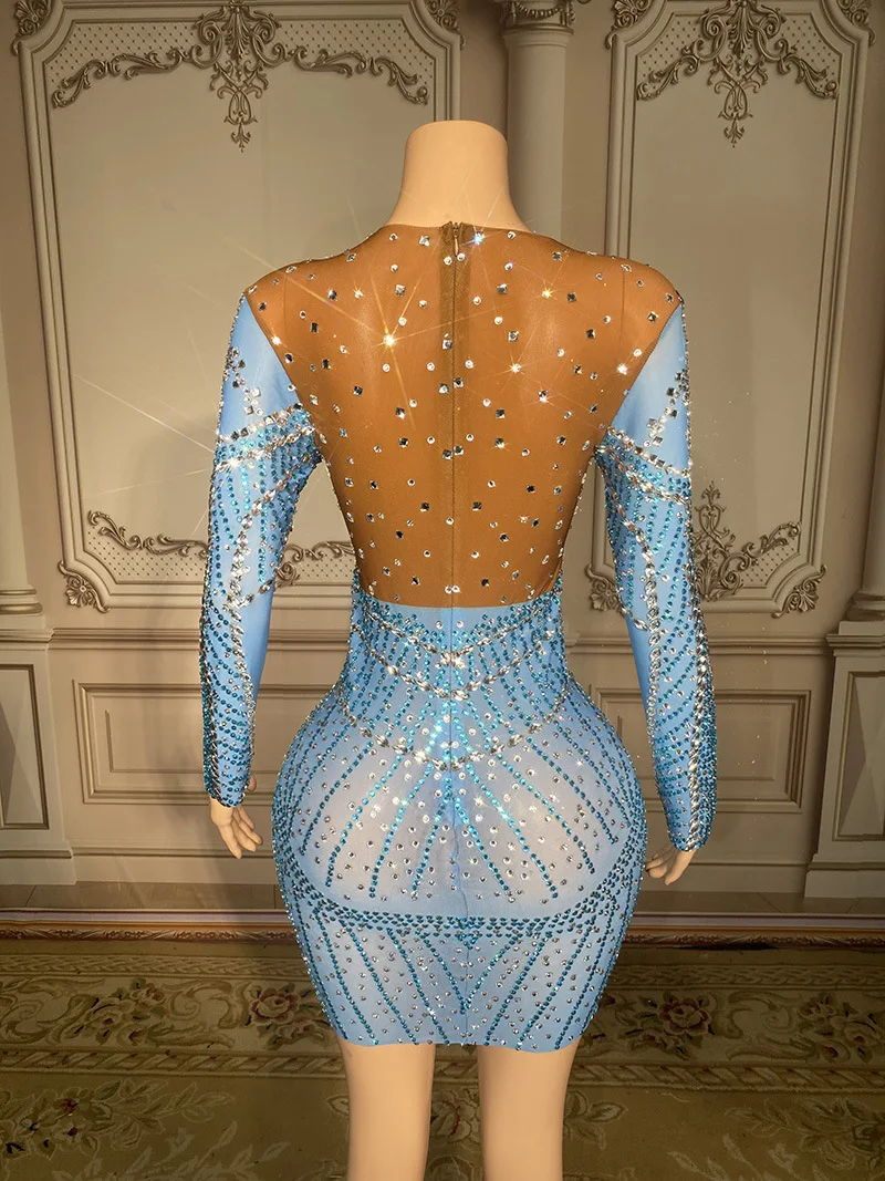 Sexy Mesh Transparent Sparkly Strass Ketten Langarm Kurzes Kleid Feiern Abend Prom Geburtstag Kleid Bühne Party Kleid