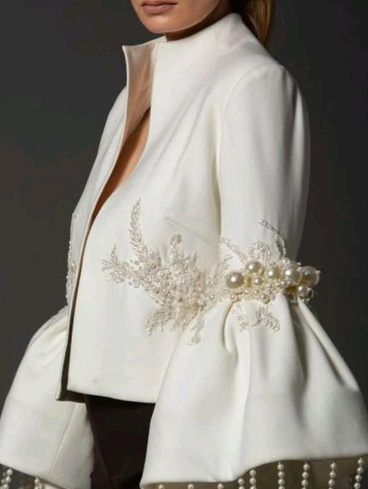 Vintage Elegant Stand Collarแจ็คเก็ตผู้หญิงฤดูใบไม้ผลิPearl Fringedตกแต่งเย็บปักถักร้อยFlaredแขนเสื้อชุดราตรีOuterwears