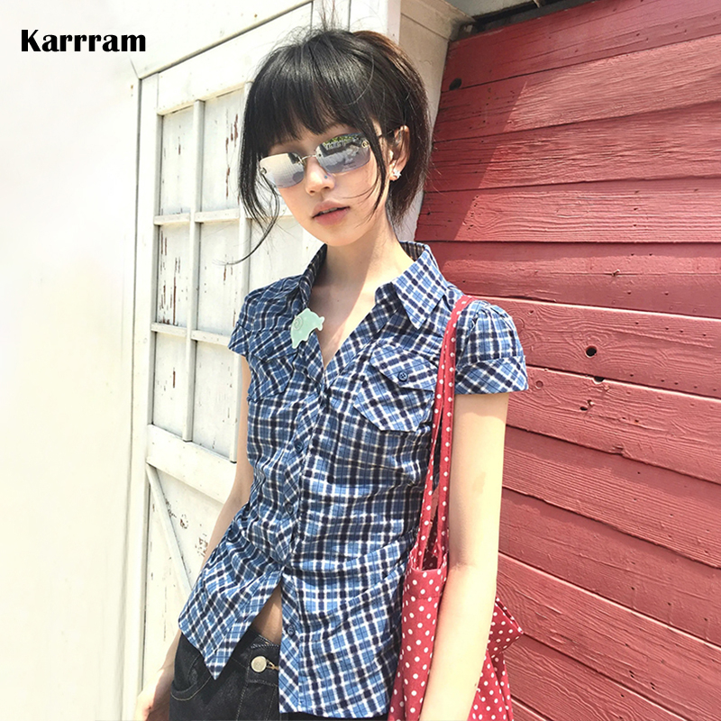 Karrram Japanische Y2k Kariertes Hemd Vintage Harajuku V-ausschnitt Blusen Koreanische Mode Frauen Kurzarm Shirts 2000er Jahre Amerikanischen Retro