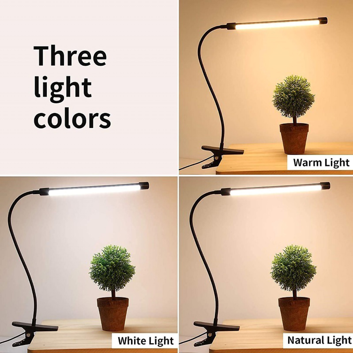 Lampe de bureau LED avec pince, pince à intensité variable, lampe de lecture à clipser, 10 niveaux de luminosité, 3 modes d'éclairage, lampe de table d'étude flexible, USB, 10W